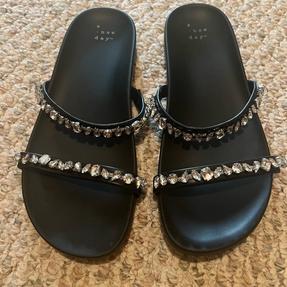 A New Day Black Flat Sandals with Rhinestones Size 8.5